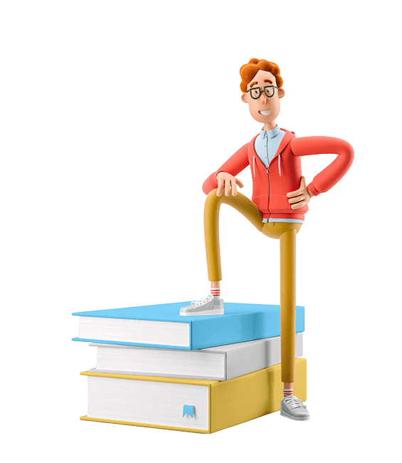 Zervicepoint character sitting on a stack of books