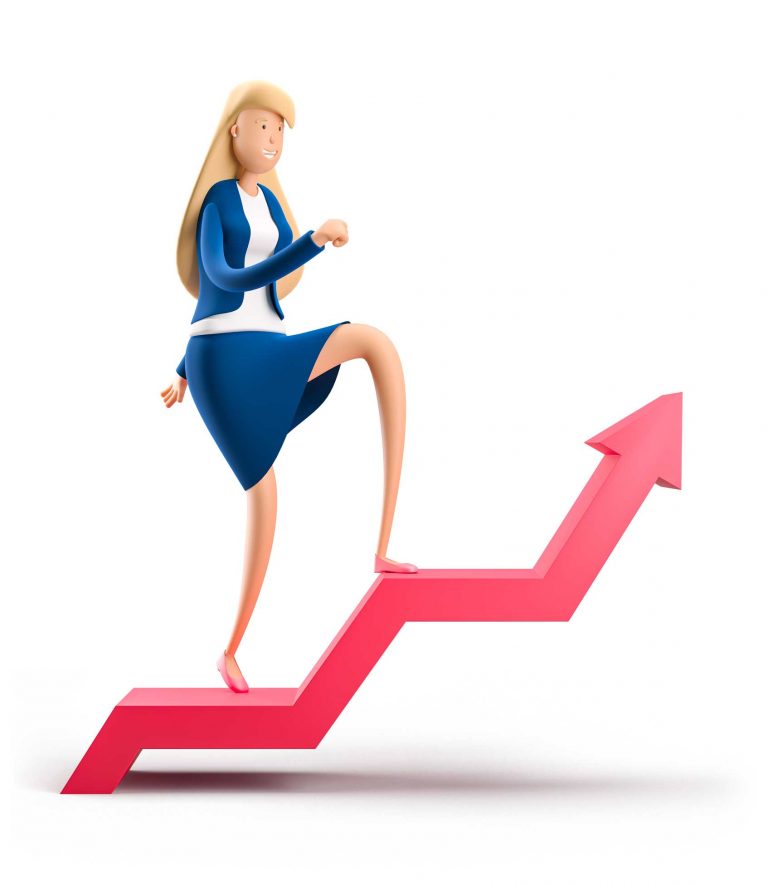 Character climbing a rising growth arrow